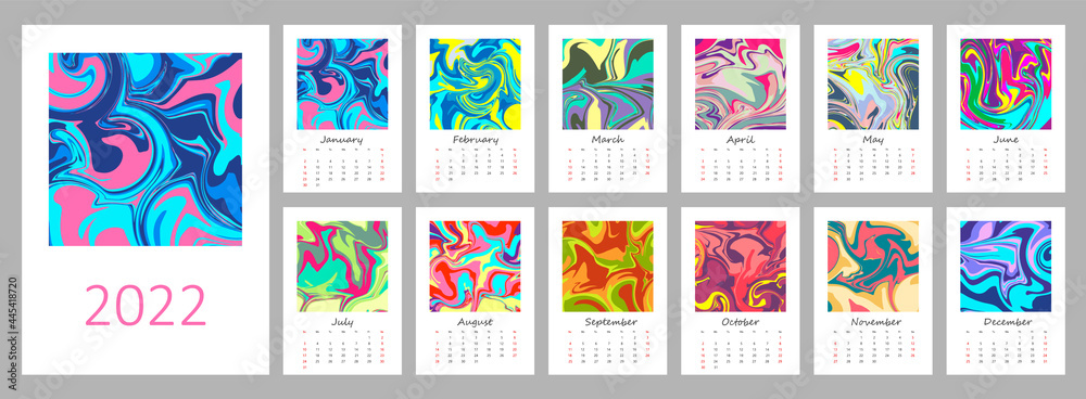 Calendar template for 2022. Vertical design with liquid multicolor paint art. Editable illustration page template A4, A3, set of 12 months with cover. Vector mesh. Week starts on Sunday.