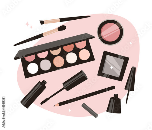 Hand Drawn Cartoon Fashion Illustration Makeup Tools Eyes Shadows. Vector Set Drawing Beauty Products Eyeshadow. Art Work Collection Decorative Cosmetics