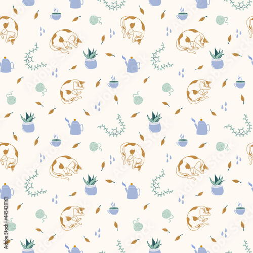 Autumn vibes. Seamless pattern with cats, falling leaves, lights, cozy home stuff. Hand drawn vector illustration in Scandinavian style for textiles, wrapping, scrapbooking and seasonal designs.