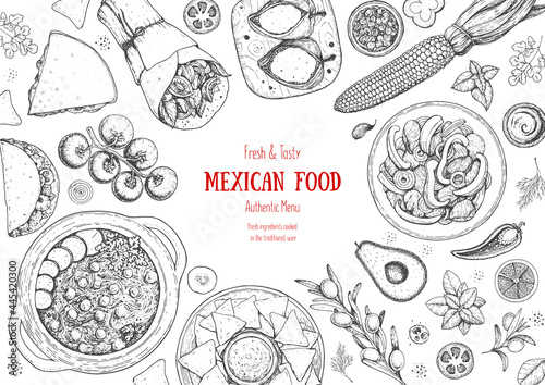 Mexican food top view frame. A set of classic mexican dishes . Food menu design template. Vintage hand drawn sketch, vector illustration. Mexican cuisine.
