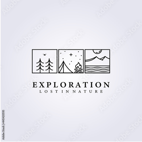background travel adventure camping logo life style vector icon symbol label sign abstract campfire outdoor forest mountain