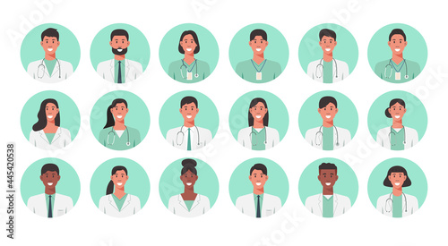 People portraits of males, females doctor and nurse, men and women face avatars isolated at round icons set, vector flat illustration