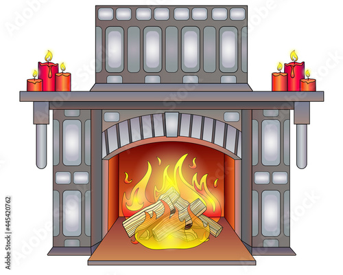 Hearth. Decorative stone fireplace with candles on the mantelpiece - vector full color illustration. Fire burns in the fireplace and candles. Burning firewood