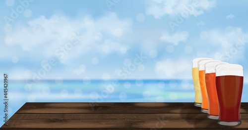 Rectangular banner with craft beer in weizen glasses. Wooden table against the background of the sea and blue sky. Light and dark beer, ale, and lager. Beer day. Template. Post. Vector illustration.