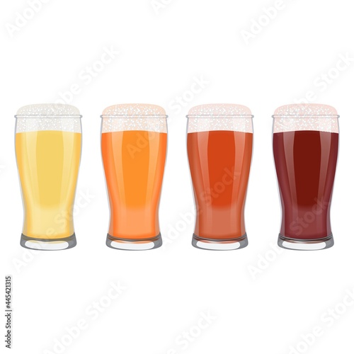 Set with craft beer in weizen glasses for banners, flyers, posters, cards. Light and dark beer, ale, and lager. International Beer Day. Beer day. Vector illustration isolated on white background.