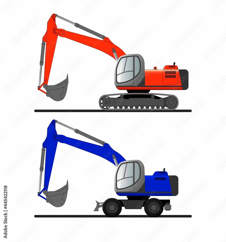 Fototapeta premium A set of vector images of a bucket excavator on crawler and wheeled chassis.