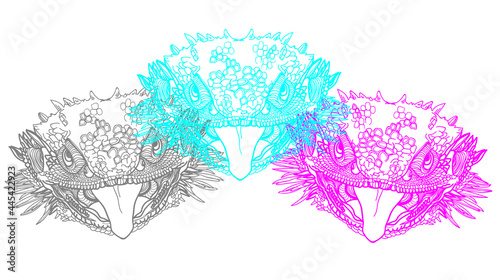 Bearded dragon. Lizard. Dragon head. Meditative coloring antistress. Stylish drawing.