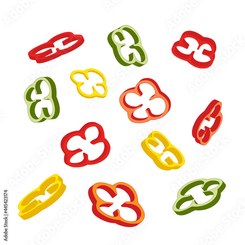 Multicolored slices of bell pepper on a white background.