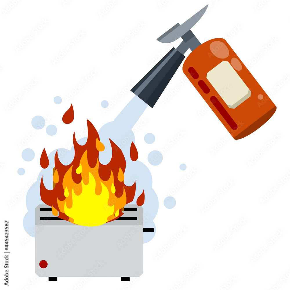 Fire fighting. The job of a firefighter. Red fire extinguisher. Danger