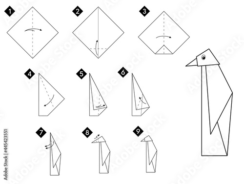 Step by step how to make origami penguin bird . Vector monochrome instructions illustration. Black and white paper DIY.