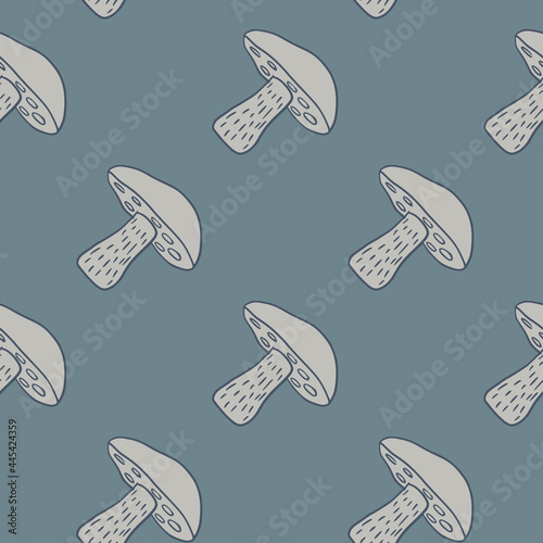 Leccinum scabrum mushroom grey contoured print seamless pattern. Blue pale background.