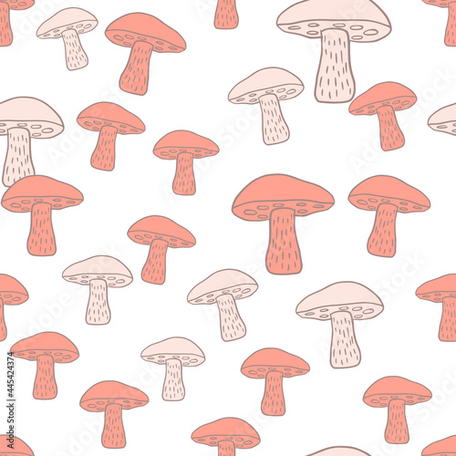 Isolated seamless fall harvest pattern with Leccinum scabrum mushroom ornament. Pink random print.