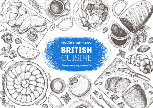 British cuisine top view frame. Food menu design with traditional british dishes, fish and chips, roast beef, beef wellington, lancashire hotpot. Vintage hand drawn sketch vector illustration.