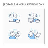 Mindful eating line icons set.Conscious, intuitive nutrition. Fullness, hunger signals.Eating at desk in front of computer screen,TV.Mealtimes concept. Isolated vector illustration.Editable stroke