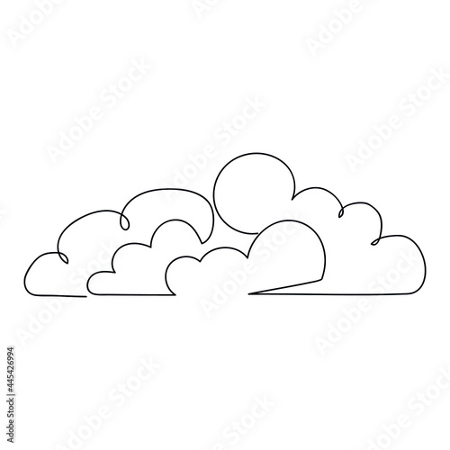 Sun behind the clouds in the sky drawn in one line. Sketch. Modern art weather. Vector illustration.