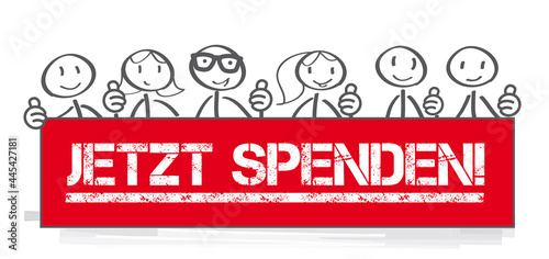 Jetzt spenden - Strichmännchen halten Plakat mit Spendenaufruf