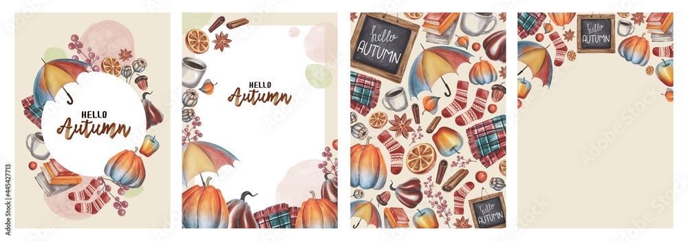 Watercolor hand drawing autumn decoration background with lettering poster set. Use for poster, print, card, postcard, banner, harvest festival, shop, textile, template, wedding, birthday