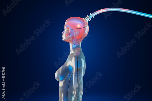3D illustration of machine downloading human consciousness into cyborg body