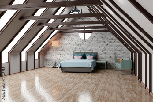 Three dimensional render of attic bedroom with shiny wooden floor photo