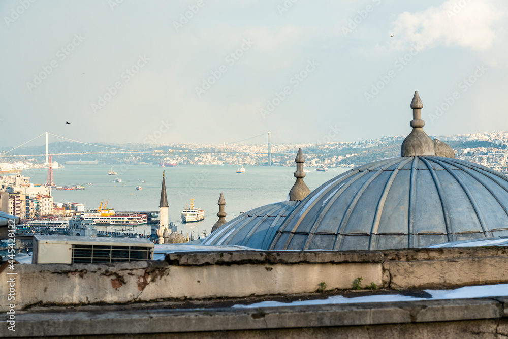 Turkey, Istanbul, Dome of Suleymaniye Mosque with Bosphorus strait in background Turkey, Istanbul, Dome of Suleymaniye Mosque with Bosphorus strait in background