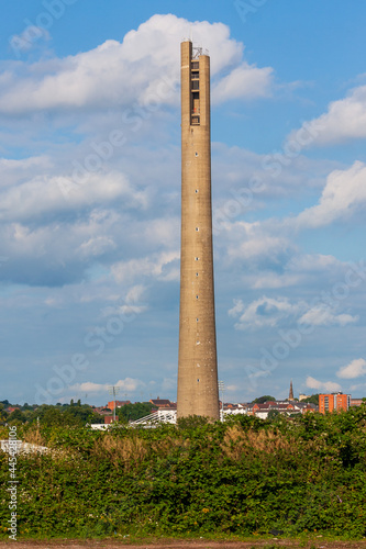 Northampton, UK, July, 13, 2020:The National Lift Tower in Northampton United Kingdom. 127.5 Meters tall for the testing of lifts. One of only 2 in Europe and listed building Opened in 1982. photo