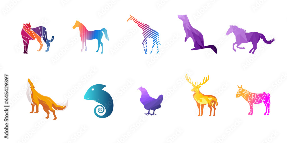 Fototapeta premium collection of animal designs with red, light green and yellow gradations of style