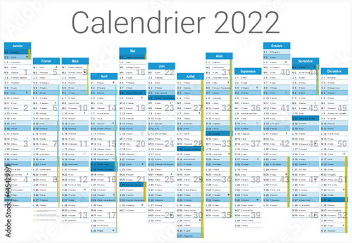 Calendrier 2022 12 mois avec vacances scolaires officielles au format 650x450mm entièrement modifiable via calques et texte arial	
