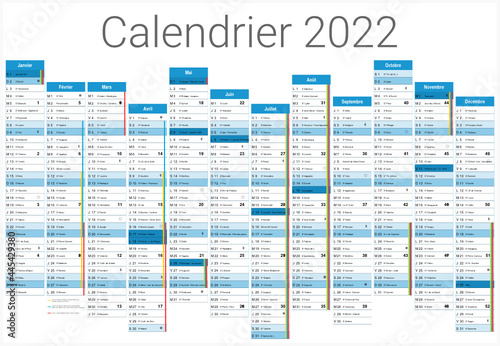 Calendrier 2022 12 mois avec vacances scolaires officielles au format 650x450mm entièrement modifiable via calques et texte arial	
