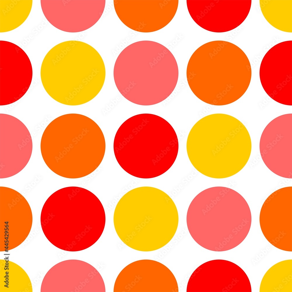 Tile vector pattern with pink, orange, red and yellow polka dots on white background for seamless decoration wallpaper
