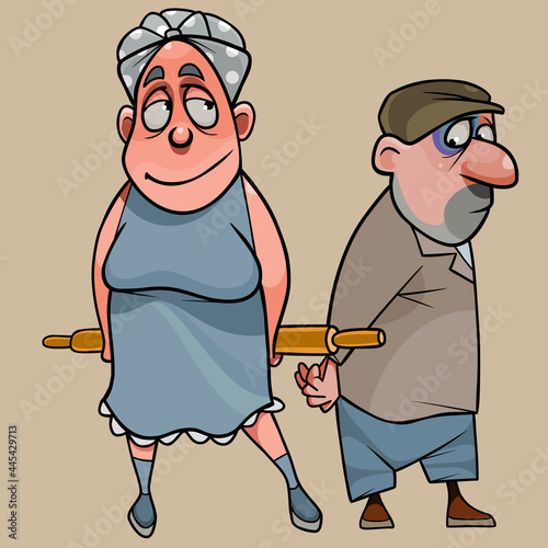 cartoon wife with rolling pin stands next to frightened husband