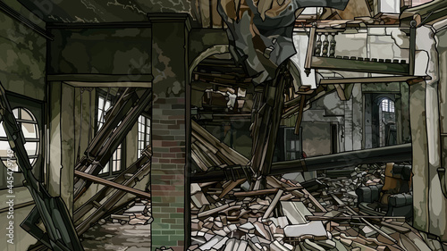 painted ruins of an old vintage two story house indoors