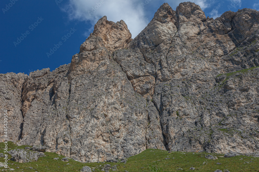 Bottom view on the imposing southern face of Mount Settsass, Dolomites, Italy