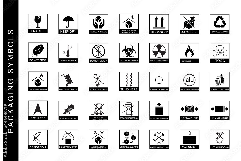 icon set Packaging Symbols including fragile, to processing, toxic