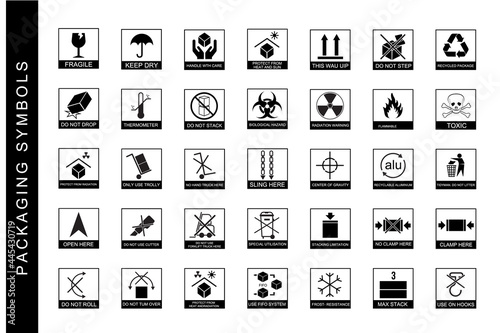 icon set Packaging Symbols including fragile, to processing, toxic, protect from the sun, max stack,   protected from moisture and other signs.black on white background.