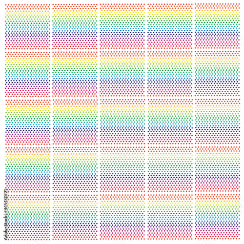 A small polka dot vector with a gradient in rainbow tones into evenly sized discs with a line space between them.