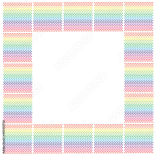 A small polka dot vector that is gradated in rainbow tones into evenly sized discs with a white space in the center of the image.