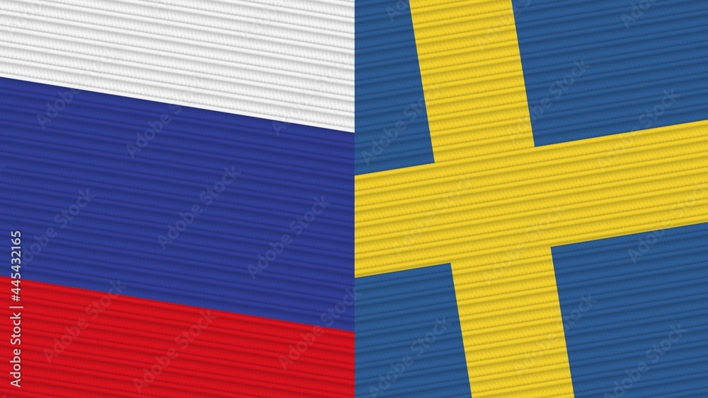 Naklejka premium Sweden and Russia Two Half Flags Together Fabric Texture Illustration