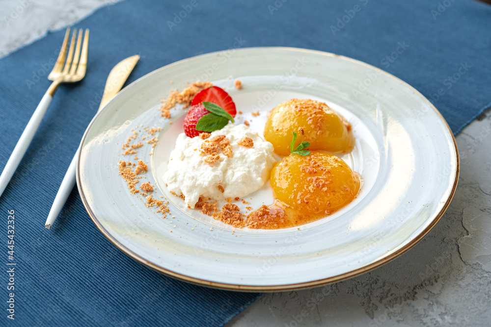Cottage cheese and canned apricots, healthy breakfast