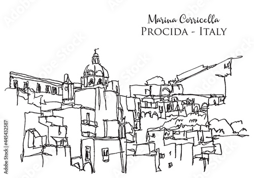 Sketch illustration of Marina Corricella in Italy photo