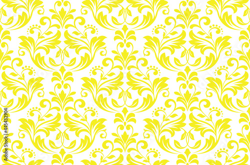 Wallpaper in the style of Baroque. Seamless vector background. White and yellow floral ornament. Graphic pattern for fabric, wallpaper, packaging. Ornate Damask flower ornament