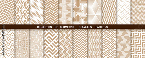 Geometric set of seamless gold and white patterns. Simple vector graphics