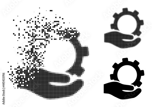 Decomposed pixelated service glyph with destruction effect, and halftone vector image. Pixelated fragmentation effect for service reproduces speed and motion of cyberspace items.