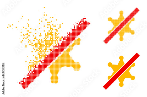 Disintegrating pixelated no sheriff star icon with wind effect, and halftone vector image. Pixelated creation effect for no sheriff star gives speed and motion of cyberspace items.