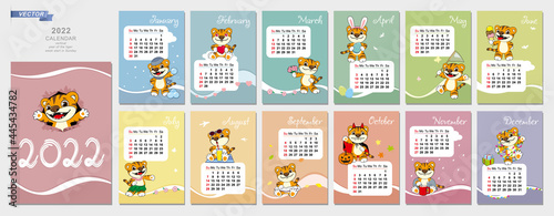 Set of calendar for 2022 year of the tiger. Set of 12 pages and cover with cute tiger in flat design. Week starts on Sunday. Planner, stationery, wall calendar, diary, desk, screen.In size A4 