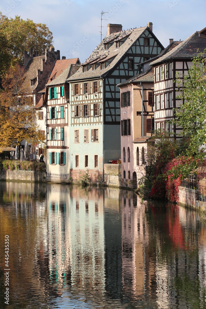 old half-timbered houses near the channel in alsatian Strasbourg, France