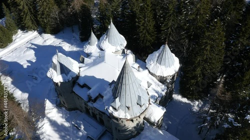 Aerial drone footage view of Castle di Savoia in Alps in Italy // no video editing
 photo