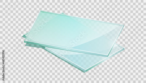 Vector illustration sheets of tempered glass isolated on transparent background. Realistic stack of glass sheets icon in flat style. Isometric illustration shiny plates of industrial tempered glass.
