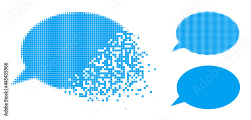 Disappearing pixelated message cloud pictogram with wind effect, and halftone vector composition. Pixelated dissolving effect for message cloud gives speed and movement of cyberspace items.