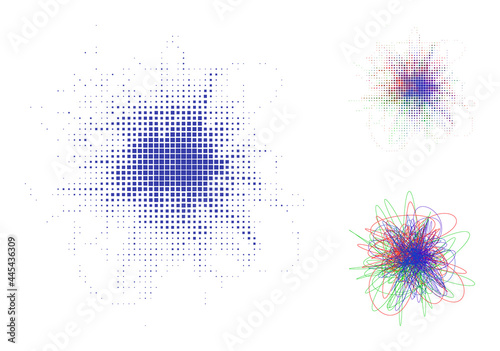 Dissolved dot colored strings mess icon with destruction effect, and halftone vector icon. Pixelated dematerialization effect for colored strings mess reproduces speed and motion of cyberspace things. photo