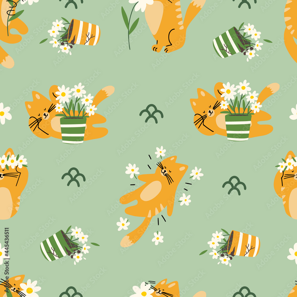 Fototapeta premium Cute cat and flowers seamless pattern. Perfect for children room, gift warp or any project.